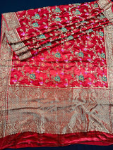 Statement Red Color Pure Satin Silk Saree with Handwoven Floral Meenakari Floral Jaal Weave | SILK MARK CERTIFIED