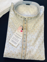 Off White Soft Silk Men Kurta Pajama Set with Hand Embroidery on the Neckline | Wedding Kurta for Men | Party Wear Kurta