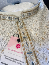 Off White Soft Silk Men Kurta Pajama Set with Hand Embroidery on the Neckline | Wedding Kurta for Men | Party Wear Kurta