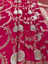 Hot Pink Color Semi Pure Mashru Silk Handloom Saree with Gold and Sliver Zari Weave | Banarasi Mashru Silk Saree