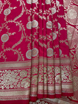 Hot Pink Color Semi Pure Mashru Silk Handloom Saree with Gold and Sliver Zari Weave | Banarasi Mashru Silk Saree