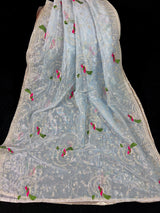 Pastel Ice Blue Color Tissue Net Dupatta with Sliver Zari | Parrot Motifs | Blue Color Dupatta | Dupatta for Gifts