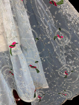 Pastel Ice Blue Color Tissue Net Dupatta with Sliver Zari | Parrot Motifs | Blue Color Dupatta | Dupatta for Gifts