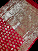 Bright Red Banarasi Satin Silk Traditional Saree with Gold Zari Jaal Weave and Grand Pallu | Wedding Sarees in Red Color