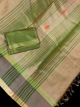 Handwoven Statement Greenish Gold Pure Tussar Tissue Saree with Temple Border | Ships from California