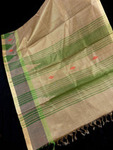 Handwoven Statement Greenish Gold Pure Tussar Tissue Saree with Temple Border | Ships from California
