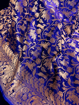 Royal Blue with Copper Muted Gold Zari Weaved Banarasi Silk Shikargah Saree - drape view | Saree | Kaash Collection