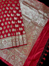Bright Red Banarasi Satin Silk Traditional Saree with Gold Zari Jaal Weave and Grand Pallu | Wedding Sarees in Red Color