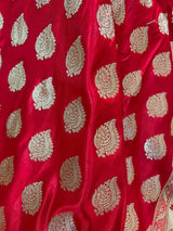 Bright Red Banarasi Satin Silk Traditional Saree with Gold Zari Jaal Weave and Grand Pallu | Wedding Sarees in Red Color