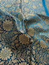 Handmade Teal Color Soft Silk Saree - Muted Gold Resham Zari Weave - Brocade Blouse - Light Weight Easy Drape Saree - Gift For Her