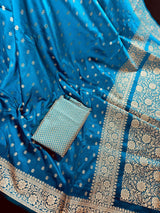Handmade Teal Color Soft Silk Saree - Muted Gold Resham Zari Weave - Brocade Blouse - Light Weight Easy Drape Saree - Gift For Her