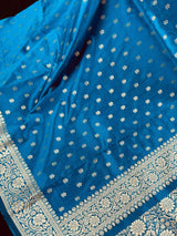 Handmade Teal Color Soft Silk Saree - Muted Gold Resham Zari Weave - Brocade Blouse - Light Weight Easy Drape Saree - Gift For Her