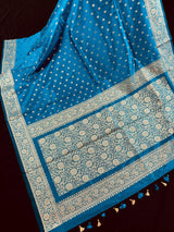 Handmade Teal Color Soft Silk Saree - Muted Gold Resham Zari Weave - Brocade Blouse - Light Weight Easy Drape Saree - Gift For Her