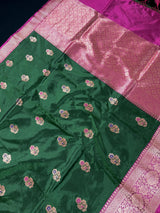 Pine Green Color Pure Katan Silk Saree with Kadhua Weave and Meenakari Flower Butta | Pure Katan Silk Saree | SILK MARK CERTIFIED
