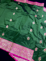 Pine Green Color Pure Katan Silk Saree with Kadhua Weave and Meenakari Flower Butta | Pure Katan Silk Saree | SILK MARK CERTIFIED