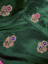 Pine Green Color Pure Katan Silk Saree with Kadhua Weave and Meenakari Flower Butta | Pure Katan Silk Saree | SILK MARK CERTIFIED
