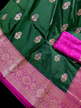 Pine Green Color Pure Katan Silk Saree with Kadhua Weave and Meenakari Flower Butta | Pure Katan Silk Saree | SILK MARK CERTIFIED