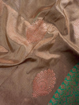 Chiku Color Pure Katan Silk Saree with Kadhua Weave and Meenakari Flower Butta – Model View – Kaash Collection