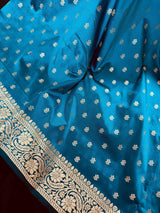 Handmade Teal Color Soft Silk Saree - Muted Gold Resham Zari Weave - Brocade Blouse - Light Weight Easy Drape Saree - Gift For Her