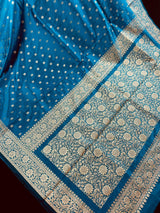 Handmade Teal Color Soft Silk Saree - Muted Gold Resham Zari Weave - Brocade Blouse - Light Weight Easy Drape Saree - Gift For Her