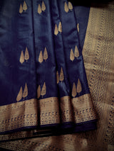 Navy Blue Color Banarasi Linen Cotton Silk Saree with Antique Copper Zari Weave Saree