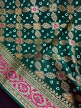Statement Green Banarasi Dupion Silk Saree | Bandhej Bandhani Saree with Zari Weaving | Traditional Indian Saree for Weddings & Festive Wear
