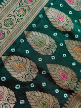 Statement Green Banarasi Dupion Silk Saree | Bandhej Bandhani Saree with Zari Weaving | Traditional Indian Saree for Weddings & Festive Wear