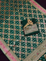 Statement Green Banarasi Dupion Silk Saree | Bandhej Bandhani Saree with Zari Weaving | Traditional Indian Saree for Weddings & Festive Wear