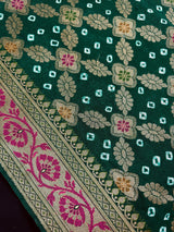Statement Green Banarasi Dupion Silk Saree | Bandhej Bandhani Saree with Zari Weaving | Traditional Indian Saree for Weddings & Festive Wear