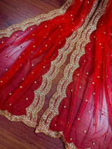 Red Color Net Dupatta with Gold Zari, Sequin and Beads | Red Color Dupatta | Sequin Red Dupatta | Indian Dupatta for Lehangas