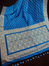 Handmade Teal Blue Color Soft Silk Saree | Muted Gold Resham Zari Weave | Brocade Blouse | Light Weight Easy Drape Saree | Gift For Her