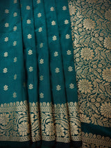 Handmade Dark Teal Green Color Soft Silk Saree | Muted Gold Resham Zari Weave | Brocade Blouse - Light Weight Easy Drape Saree