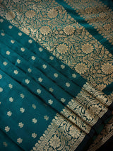 Handmade Dark Teal Green Color Soft Silk Saree | Muted Gold Resham Zari Weave | Brocade Blouse - Light Weight Easy Drape Saree