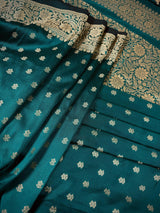 Handmade Dark Teal Green Color Soft Silk Saree | Muted Gold Resham Zari Weave | Brocade Blouse - Light Weight Easy Drape Saree