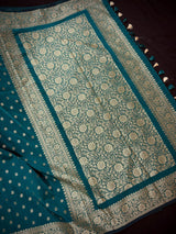 Handmade Dark Teal Green Color Soft Silk Saree | Muted Gold Resham Zari Weave | Brocade Blouse - Light Weight Easy Drape Saree