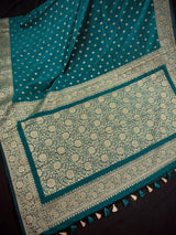 Handmade Dark Teal Green Color Soft Silk Saree | Muted Gold Resham Zari Weave | Brocade Blouse - Light Weight Easy Drape Saree