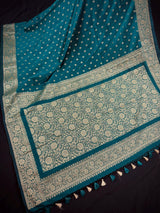 Handmade Dark Teal Green Color Soft Silk Saree | Muted Gold Resham Zari Weave | Brocade Blouse - Light Weight Easy Drape Saree