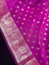 Handmade Magenta Pink Color Soft Silk Saree | Muted Gold Resham Zari Weave | Brocade Blouse - Light Weight Easy Drape Saree