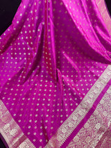 Handmade Magenta Pink Color Soft Silk Saree | Muted Gold Resham Zari Weave | Brocade Blouse - Light Weight Easy Drape Saree