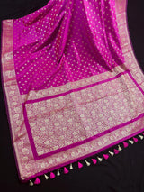 Handmade Magenta Pink Color Soft Silk Saree | Muted Gold Resham Zari Weave | Brocade Blouse - Light Weight Easy Drape Saree