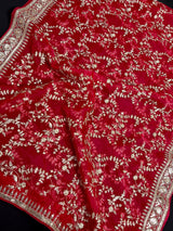 Statement Hot Pink Color Organza Silk Dupatta with Muted Gold Zari, Embroidery and Sequins | Wedding Dupattas | Dupatta for Lehangas