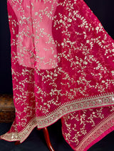 Statement Hot Pink Color Organza Silk Dupatta with Muted Gold Zari, Embroidery and Sequins | Wedding Dupattas | Dupatta for Lehangas