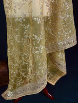 Statement Beige Color Organza Silk Dupatta with Muted Gold Zari, Embroidery and Sequins | Wedding Dupattas | Dupatta for Lehangas