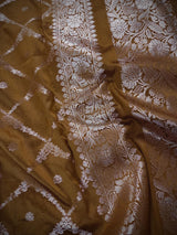 Golden Brown Color Banarasi Handloom Semi Soft Silk Saree | Gold Zari Weave | Banarasi Sarees | Brown Color Saree | Party Wear Sarees