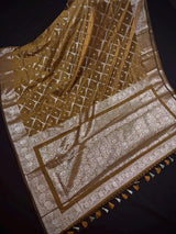 Golden Brown Color Banarasi Handloom Semi Soft Silk Saree | Gold Zari Weave | Banarasi Sarees | Brown Color Saree | Party Wear Sarees