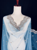 Sky Blue Soft Net Dupatta with Sliver Zari and Artifical Mirror | Dupatta for Lehanga | Wedding Dupatta | Dupatta for Suit