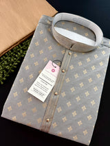 Grey Men Kurta Pajama Set with Embossed design and Buttis in Gold | Mens Ethnic Wear| Party and Wedding Wear Kurta