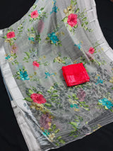 Grey Color Saree with Floral Digital Prints | Butter Soft Cotton Silk Saree | Light Weight Printed Saree