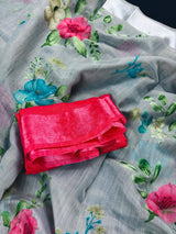 Grey Color Saree with Floral Digital Prints | Butter Soft Cotton Silk Saree | Light Weight Printed Saree