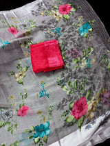 Grey Color Saree with Floral Digital Prints | Butter Soft Cotton Silk Saree | Light Weight Printed Saree